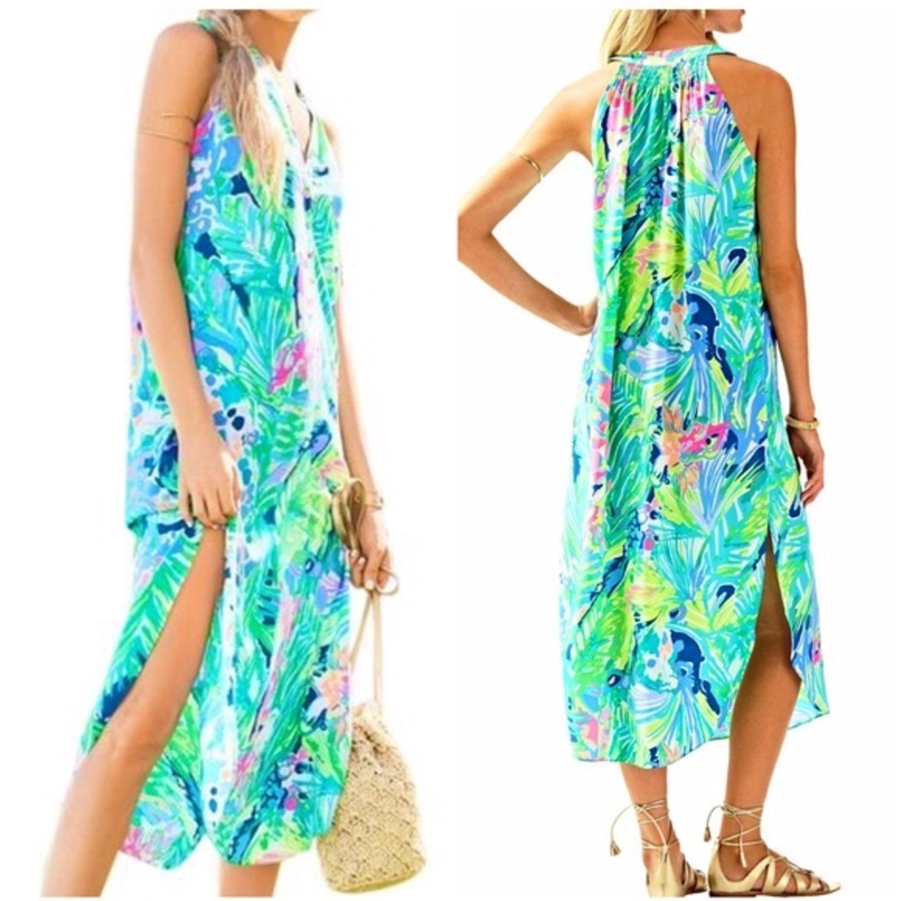 Lilly Pulitzer Tropical Leaf Print Midi Dress in Aqua, Lime & Pink - Picture 2 of 10